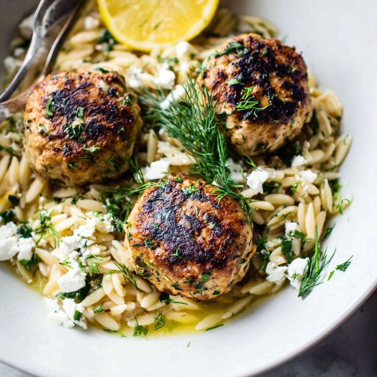 Close up of tender Greek chicken meatballs atop creamy lemon orzo with green herbs scattered throughout