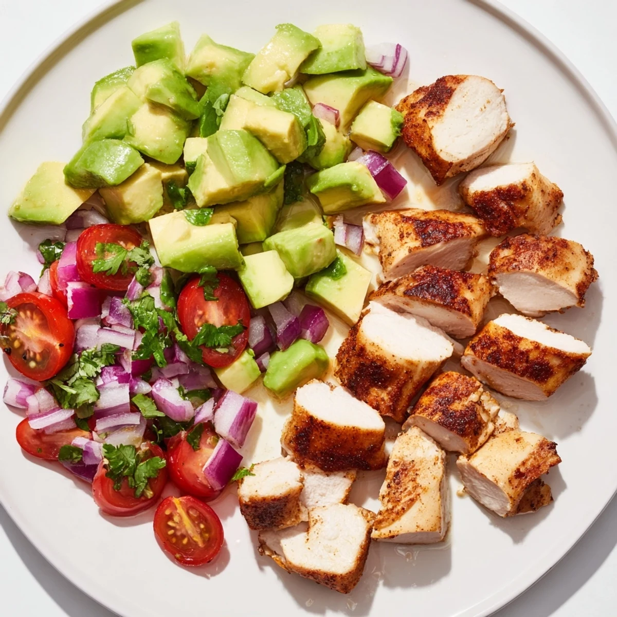 Golden pan-seared honey lime chicken breast slices served over fresh diced avocado salad with cherry tomatoes