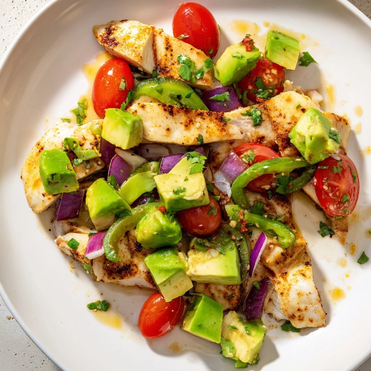 Zesty honey lime chicken atop creamy avocado chunks with red onion cilantro and lime wedge garnish