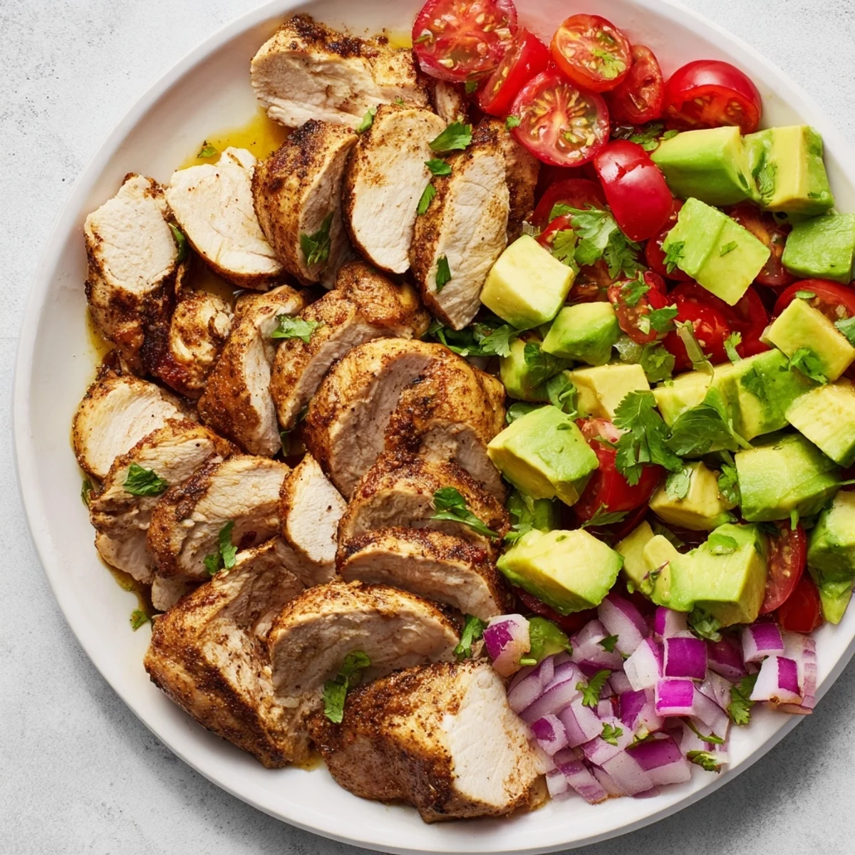Sliced honey lime chicken breast arranged on vibrant avocado tomato salad with drizzled marinade and fresh herbs