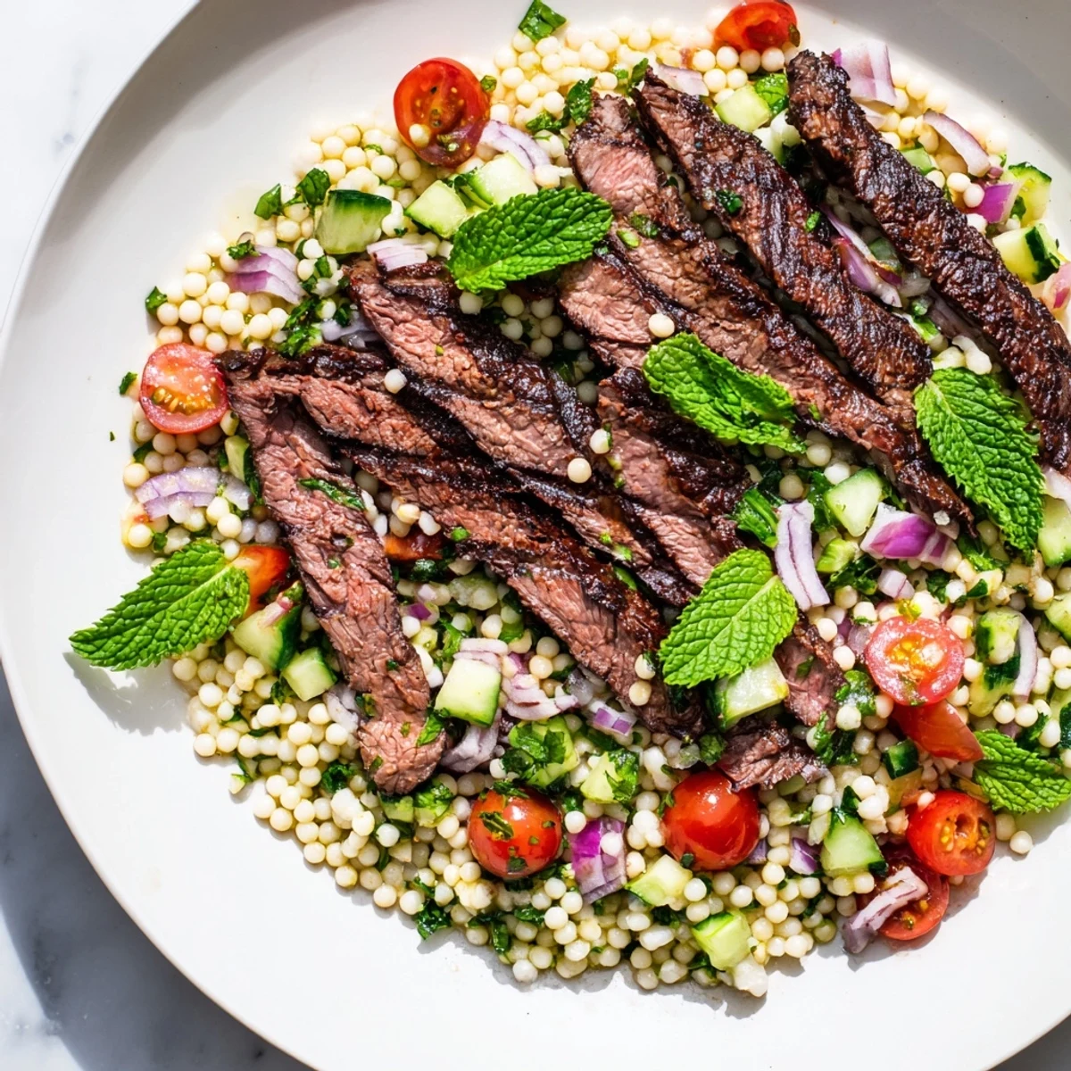 Juicy grilled skirt steak slices arranged over colorful pearl couscous salad with fresh herbs