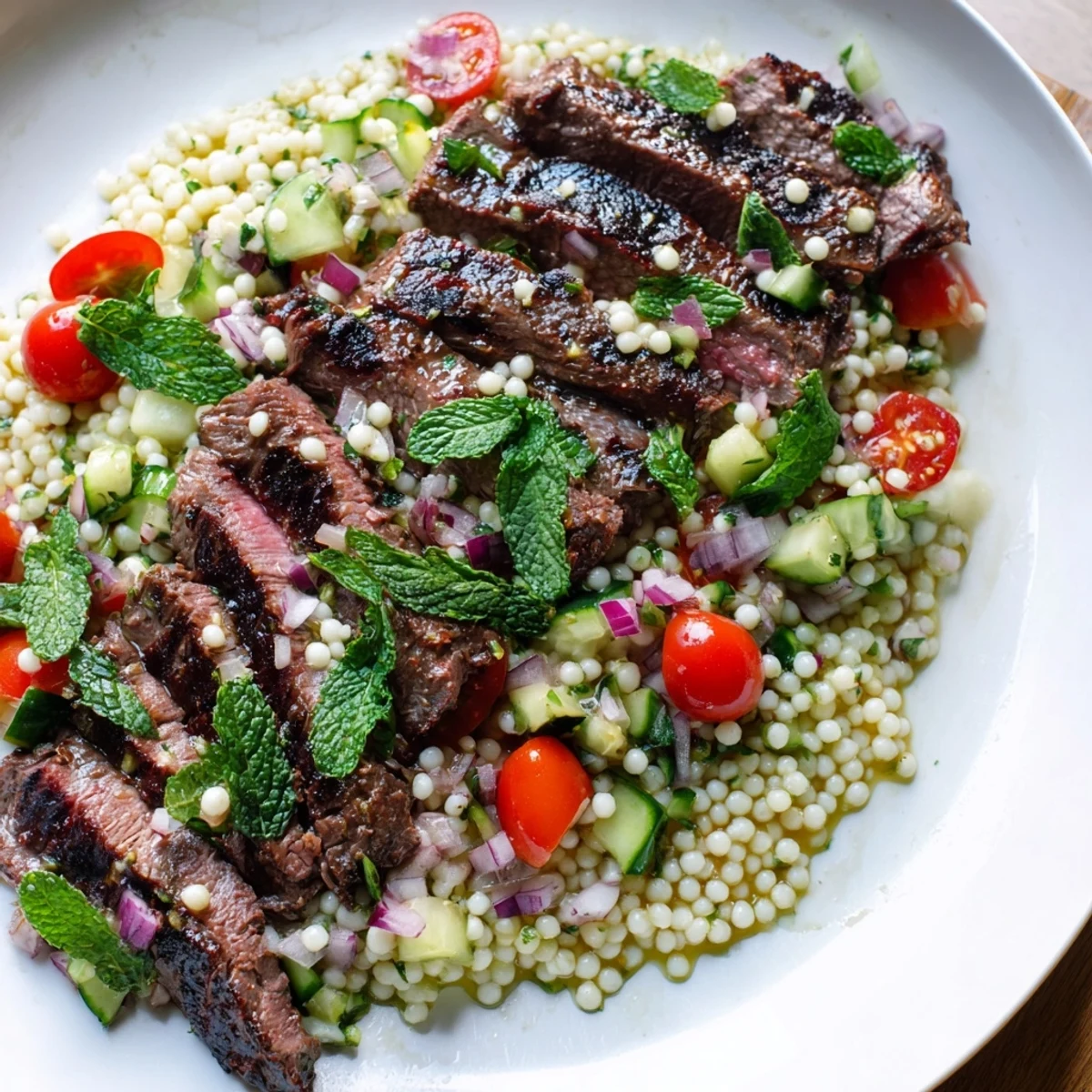 Sliced grilled skirt steak resting on a bed of zesty pearl couscous salad with parsley and mint