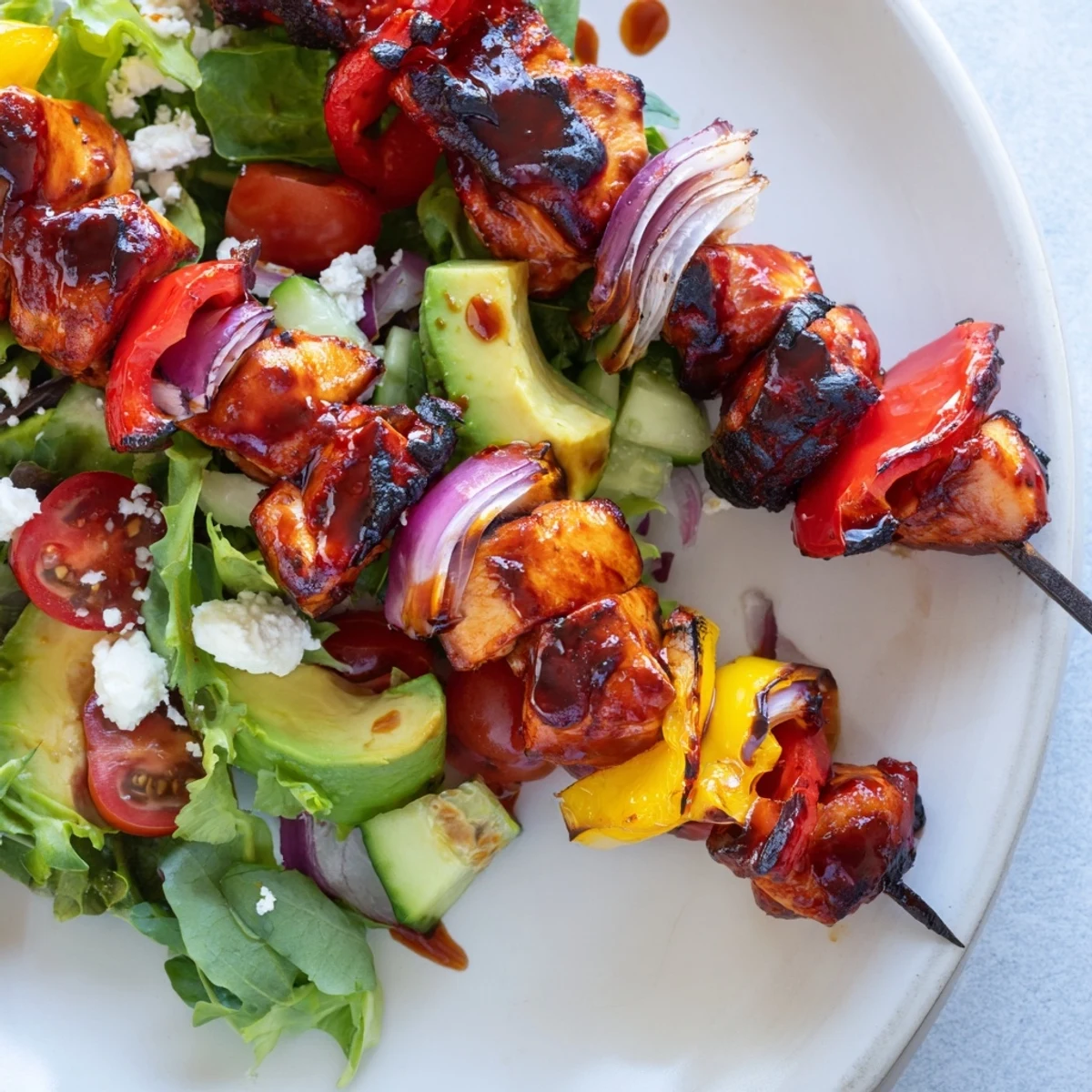 Smoky grilled BBQ chicken skewer salad featuring fresh avocado slices, cherry tomatoes, crisp cucumber, and crumbled feta cheese