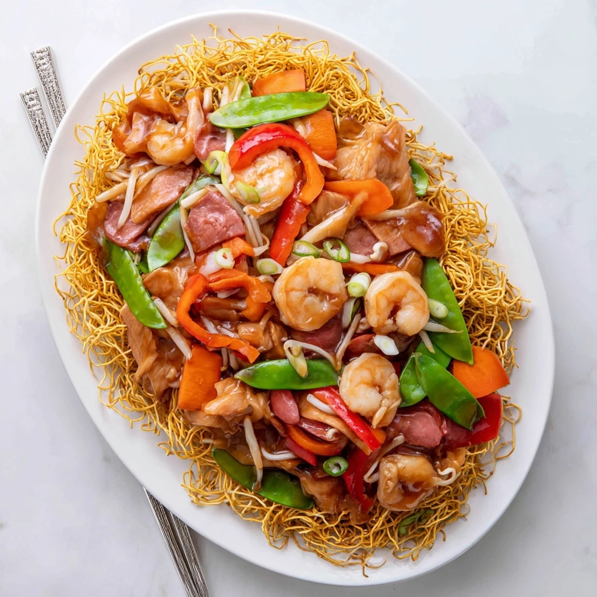 Golden crispy Cantonese chow mein topped with colorful stir-fried vegetables and savory meats in glossy sauce