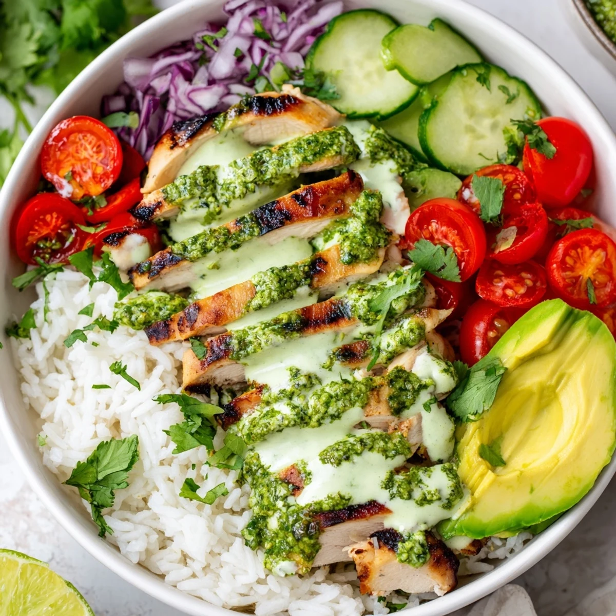 Colorful chimichurri grilled chicken bowl with juicy sliced chicken over fluffy rice and fresh vegetables