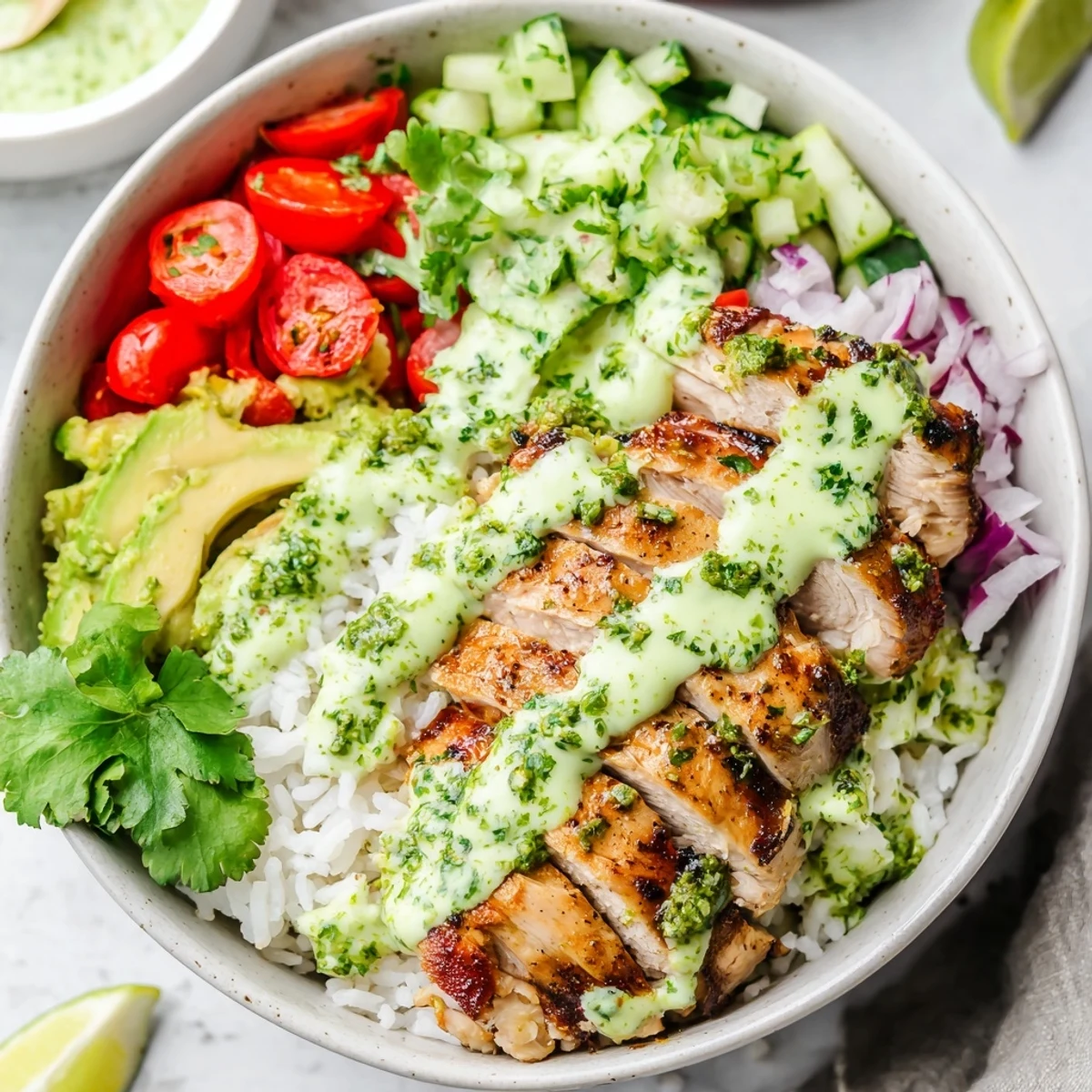 Gluten-free chimichurri grilled chicken bowl featuring marinated chicken, crisp veggies, and tangy garlic sauce drizzle