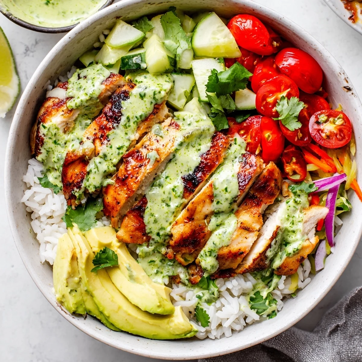 Latin American chimichurri grilled chicken bowl topped with creamy garlic sauce, avocado, and vibrant red cabbage