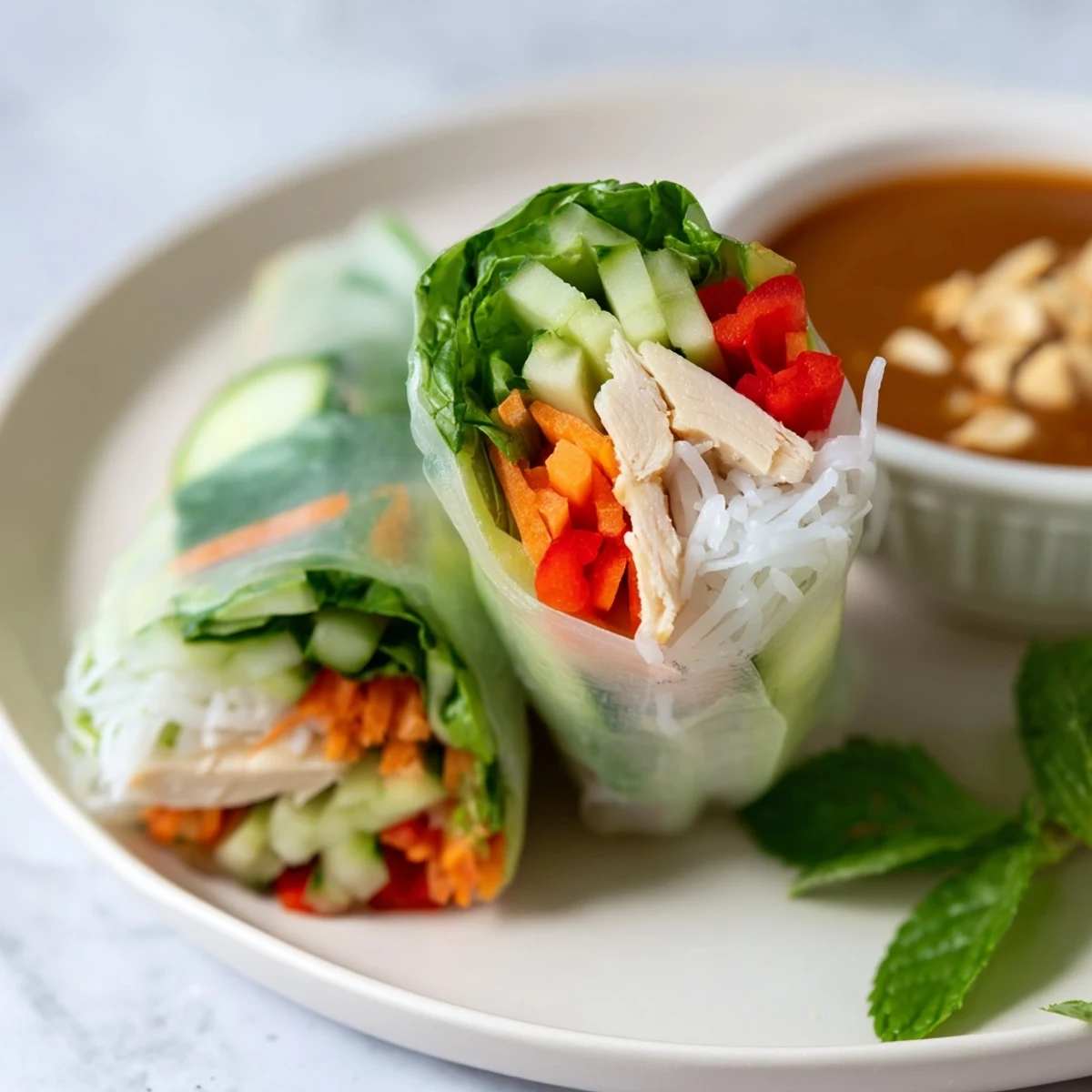 Golden translucent Vietnamese summer rolls with chicken filled with colorful vegetables and fresh mint leaves