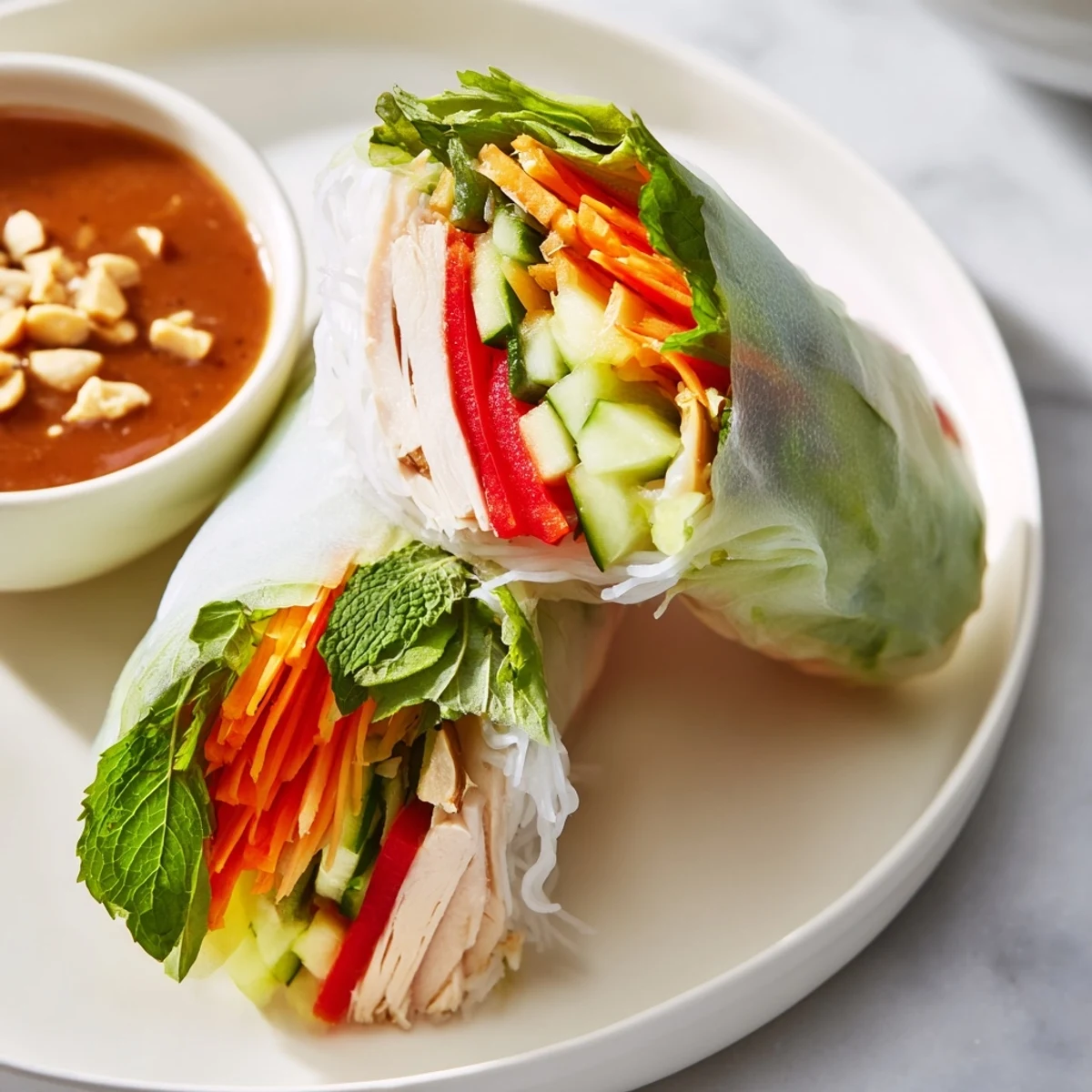 Fresh Vietnamese summer rolls with chicken showcasing crisp julienned carrots and vermicelli noodles through rice paper