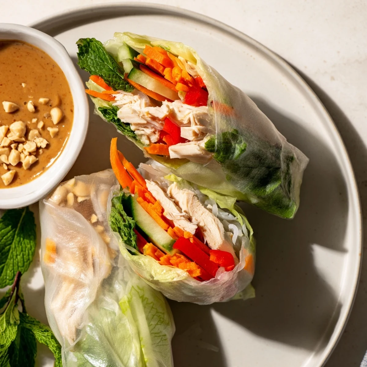 Homemade Vietnamese summer rolls with chicken sliced in half revealing vibrant herbs and tender chicken inside