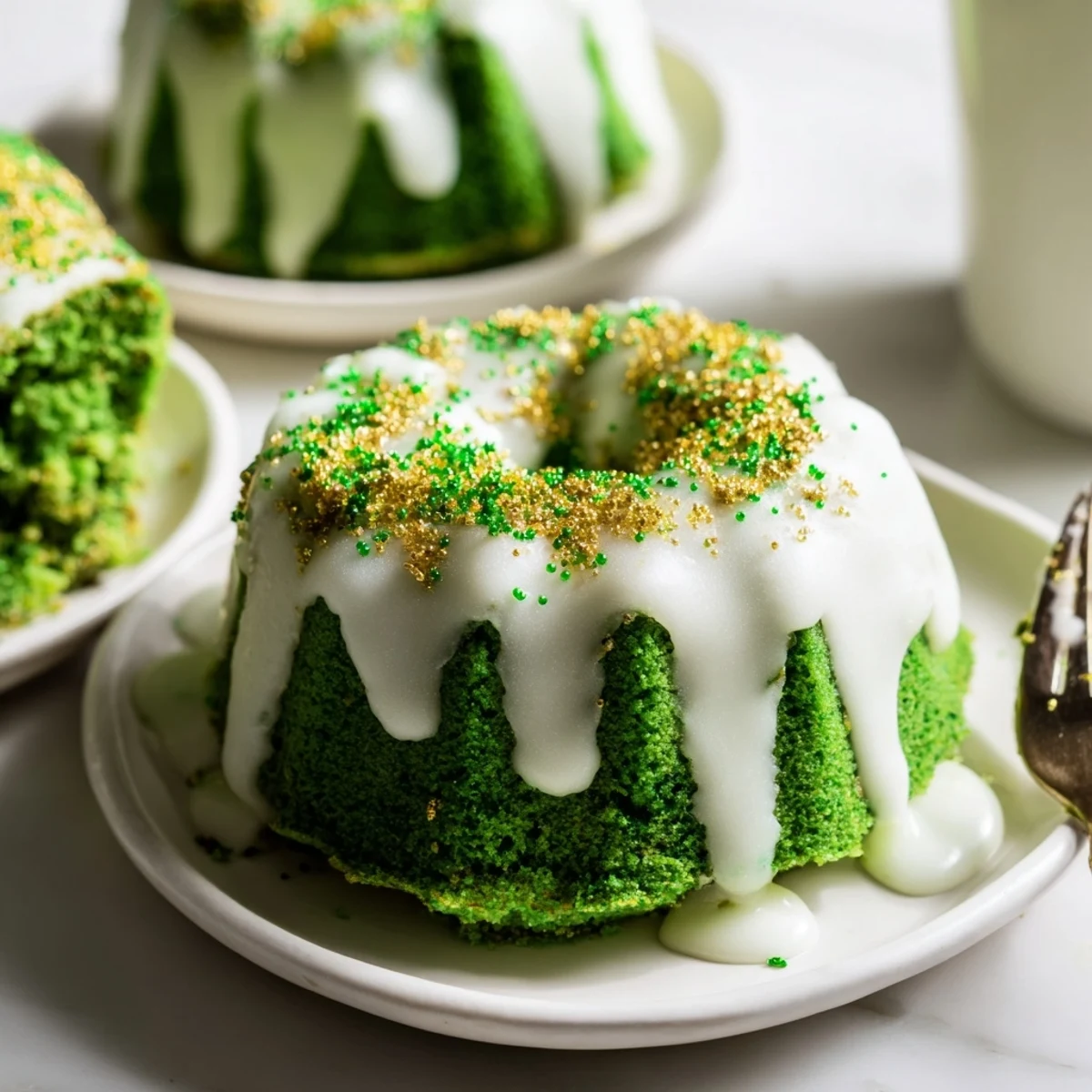 Vibrant green velvet mini bundt cakes topped with vanilla glaze and gold sprinkles