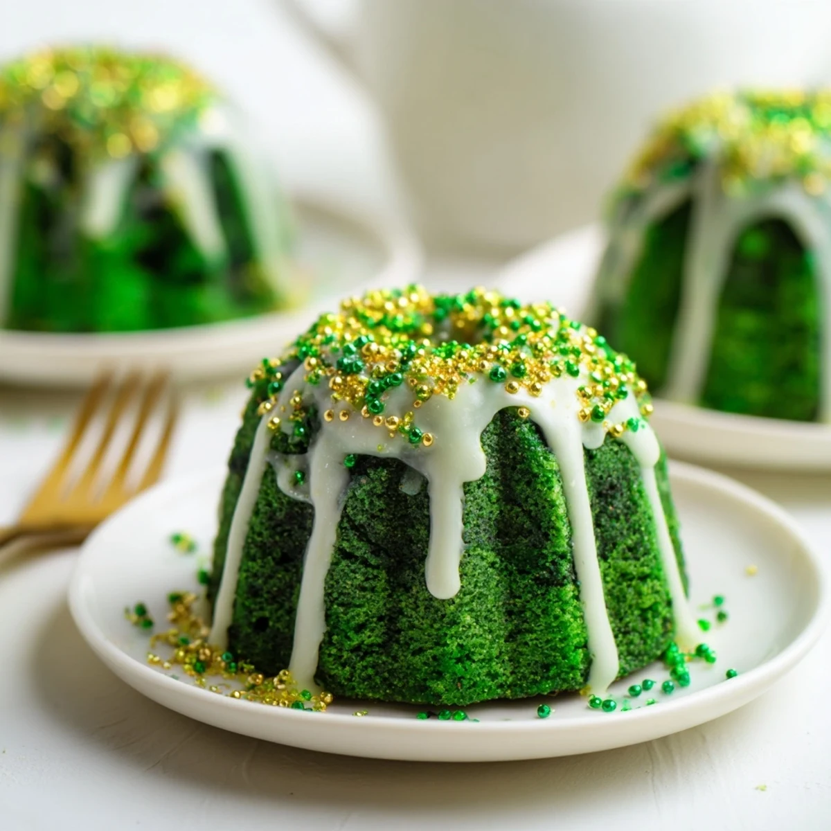 Moist chocolate green mini bundt cakes drizzled with creamy white vanilla glaze