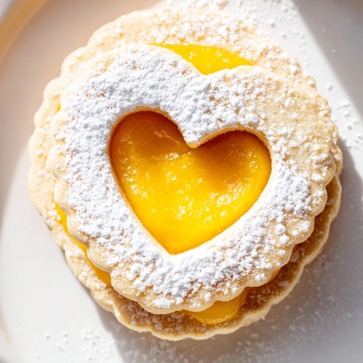 Tender Linzer cookies with bright Meyer lemon curd peeking through heart cutouts