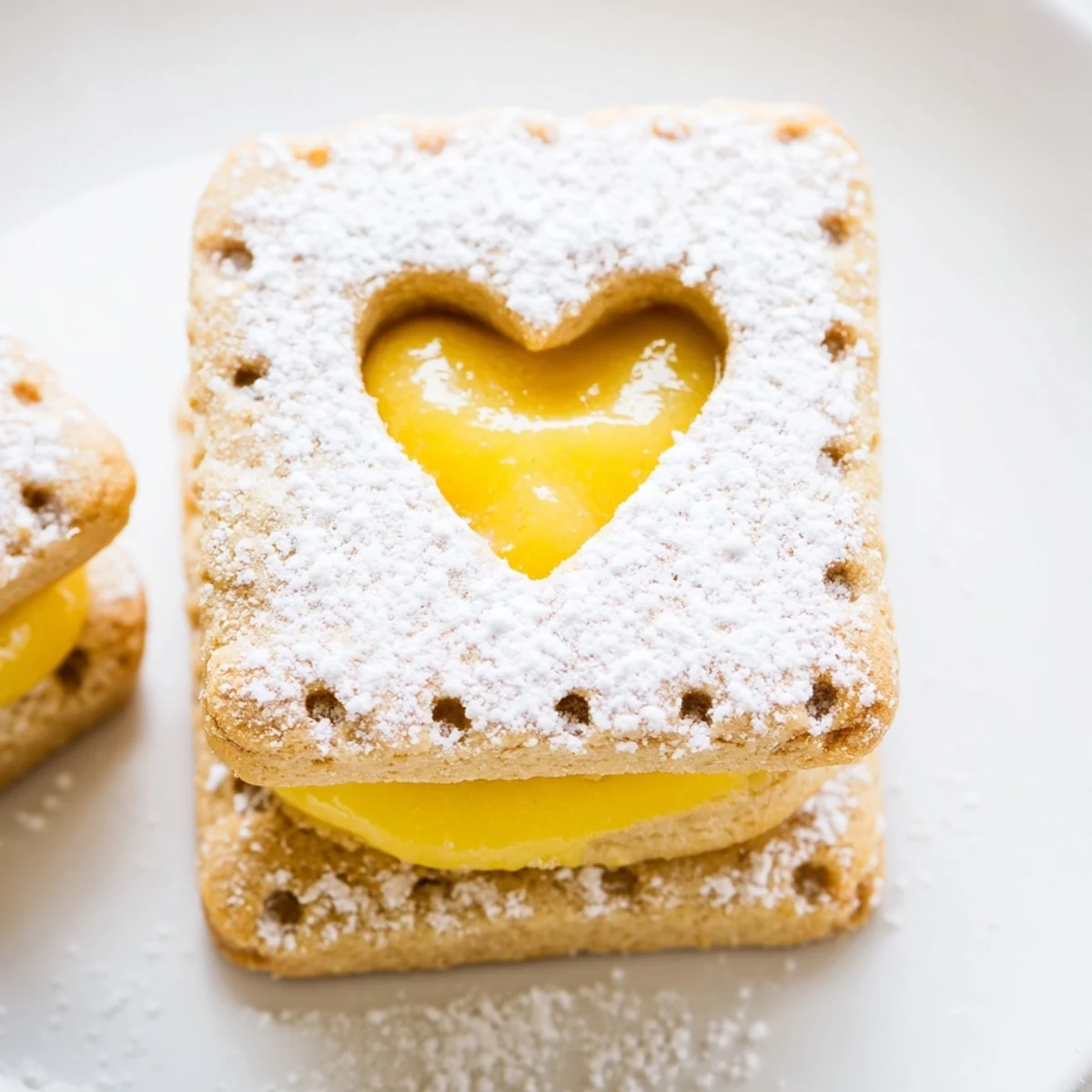 Elegant European sandwich cookies featuring tangy Meyer lemon curd and snowy sugar topping