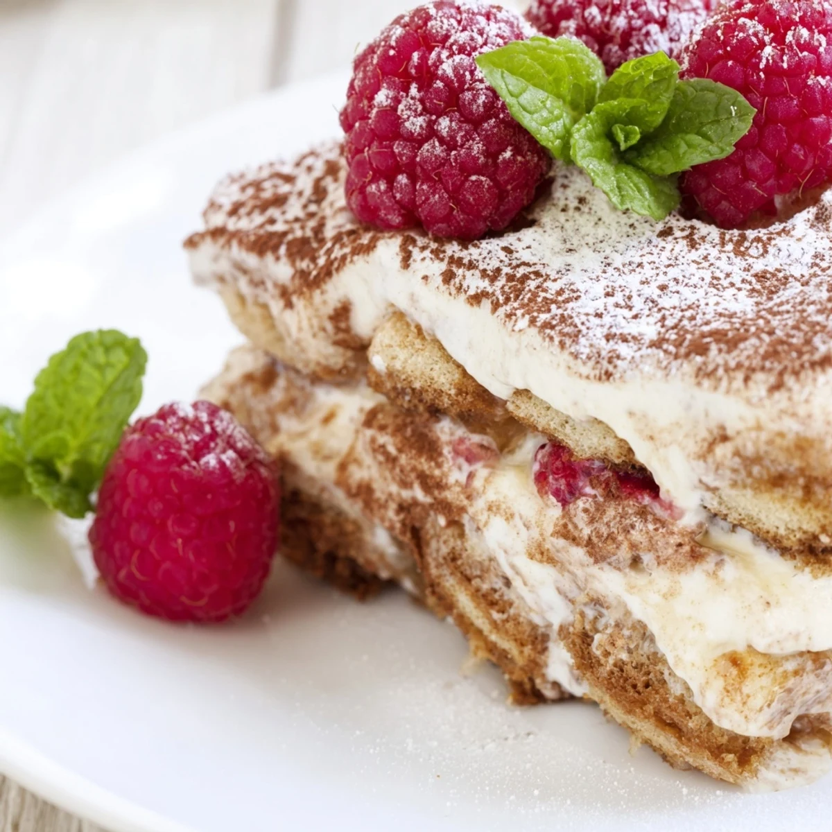Raspberry tiramisu layered dessert with coffee-soaked ladyfingers and fresh juicy raspberries