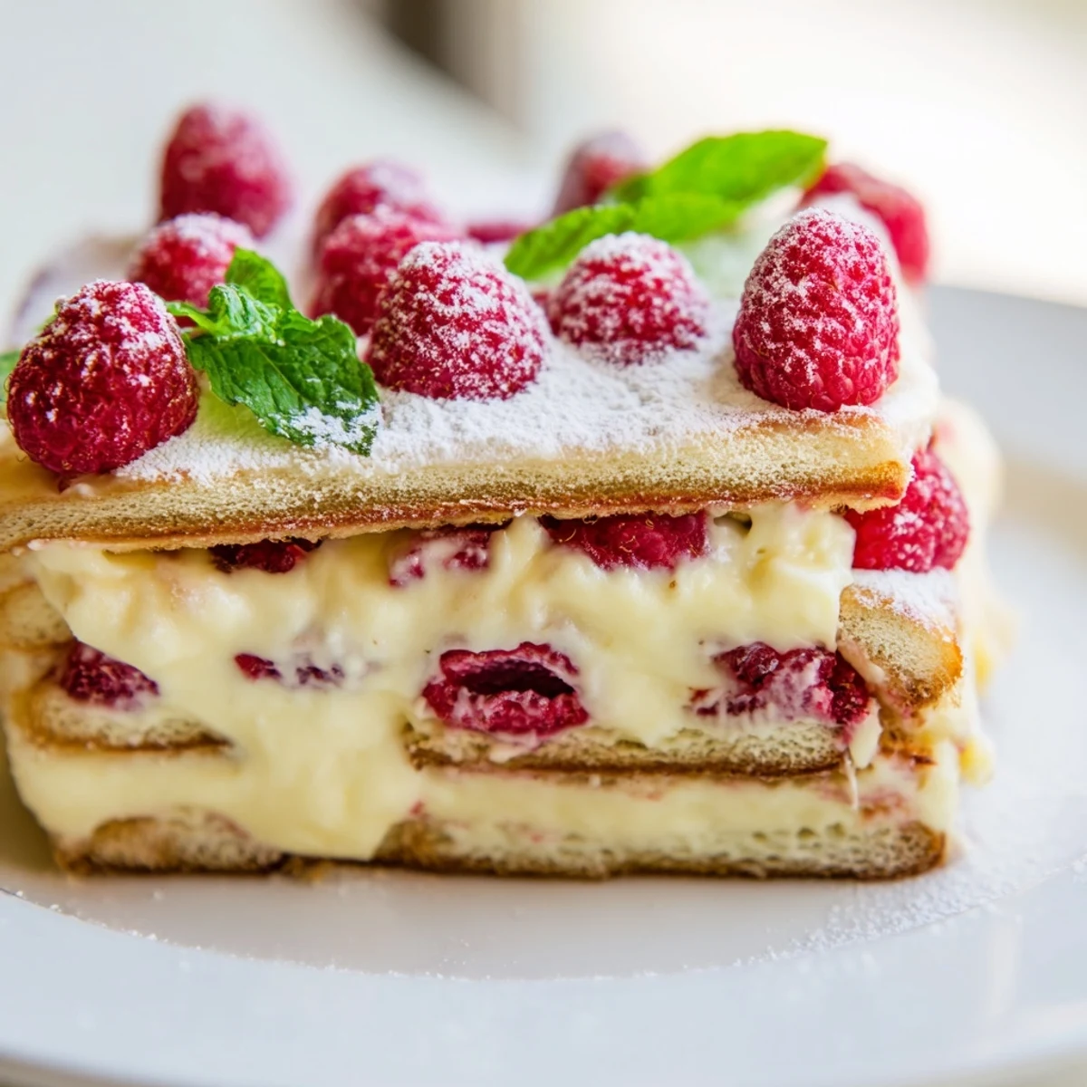 Creamy mascarpone raspberry tiramisu topped with powdered sugar and red berry garnish
