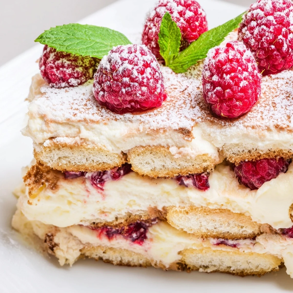 Italian-style raspberry tiramisu dessert showing white cream layers and bright raspberries