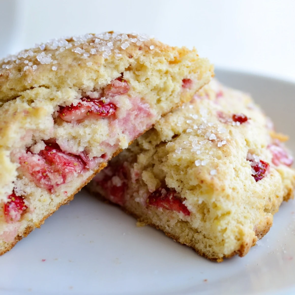 Golden homemade strawberry scones topped with coarse sugar on a rustic wooden board