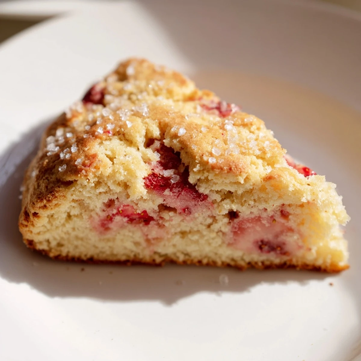 Fresh baked strawberry scones with red fruit pieces visible in tender flaky layers
