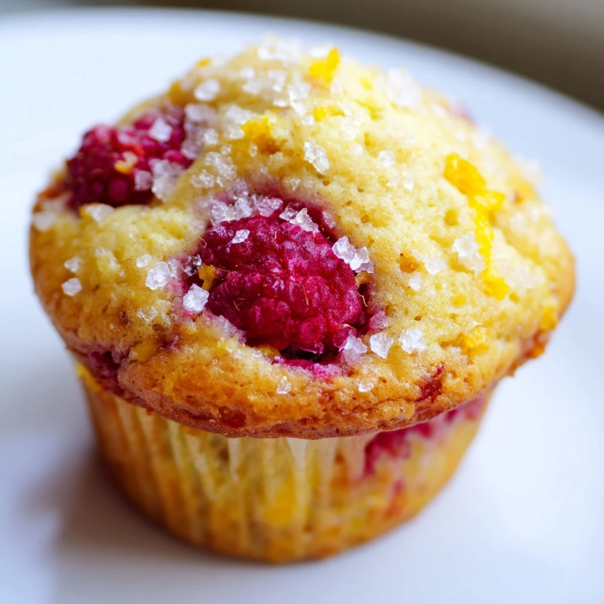 Breakfast spread featuring soft lemon raspberry muffins bursting with tart berries and bright citrus flavor