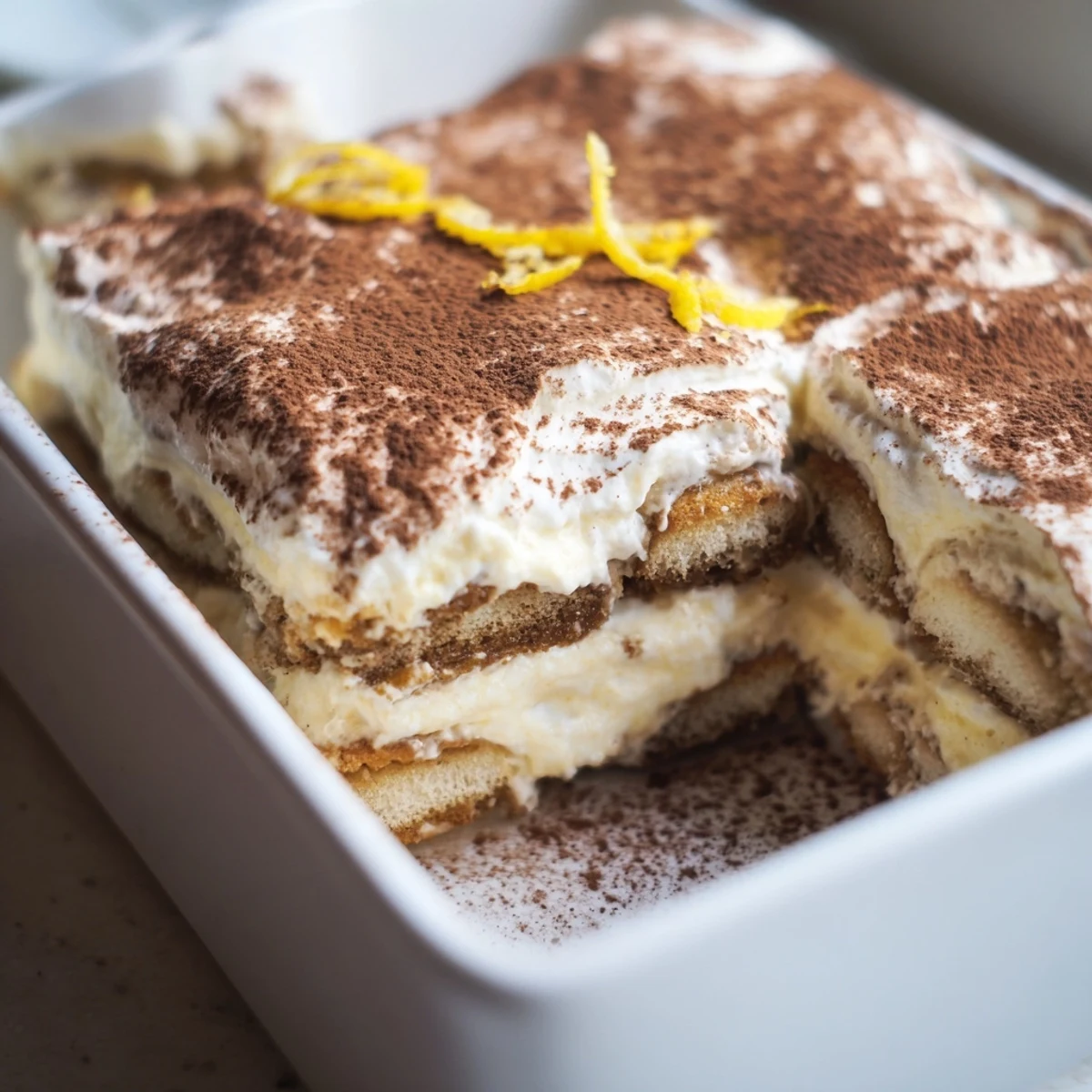 Golden layers of Earl Grey Tiramisu with tea-soaked ladyfingers and fluffy mascarpone cream dusted in cocoa