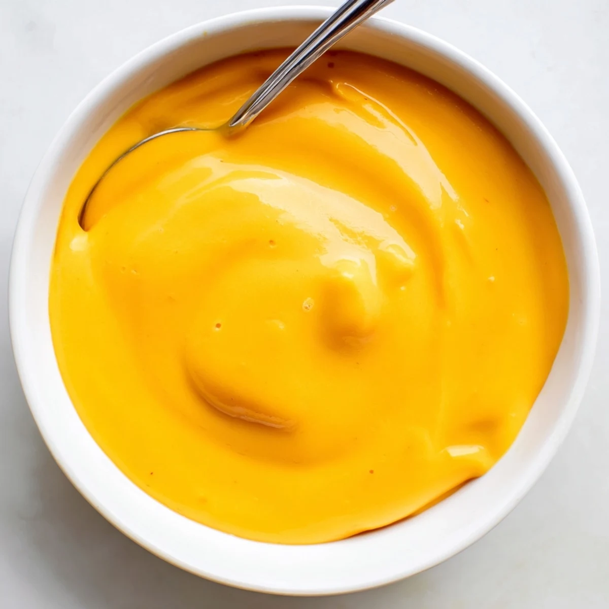 Golden bowl of creamy vegan mango curd ready for spreading on toast