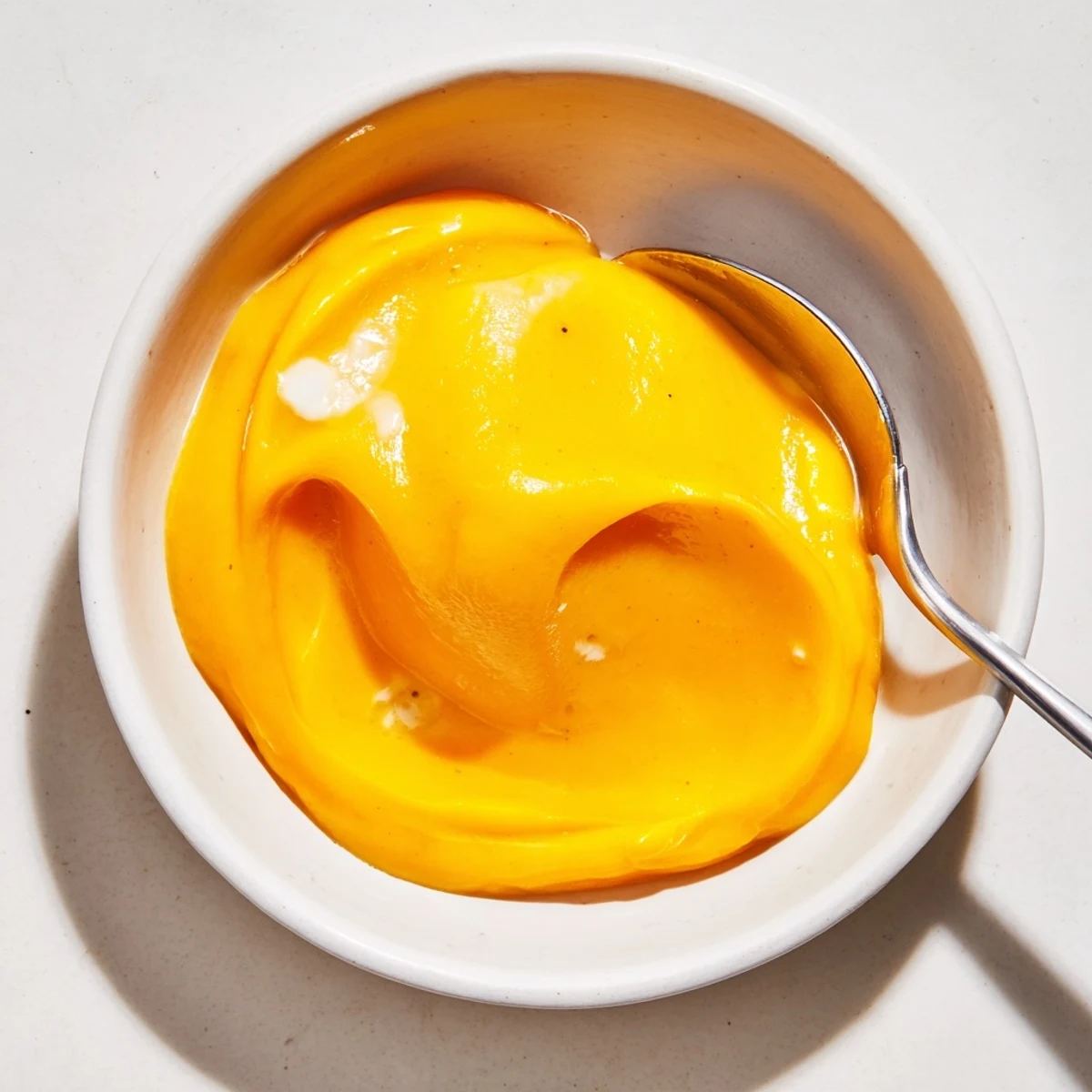 Glass jar filled with luscious dairy-free mango dessert curd topped with fresh mango chunks