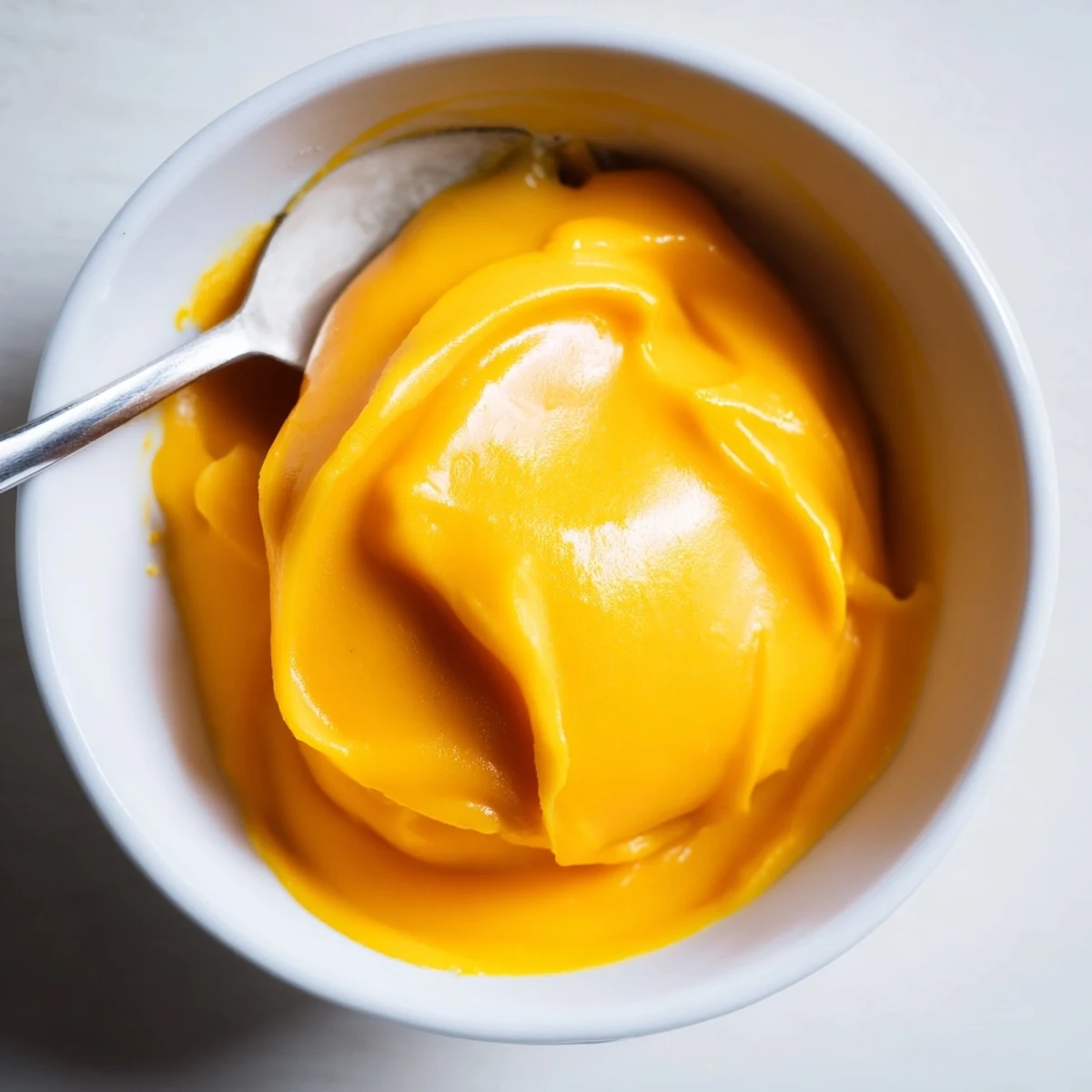 Spoonful of vibrant yellow egg-free mango curd swirled into coconut yogurt