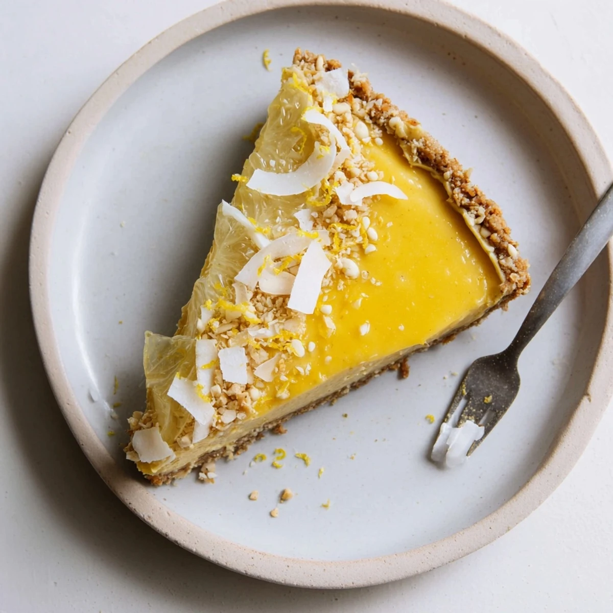 Creamy no bake vegan lemon tart with golden filling on nutty almond crust