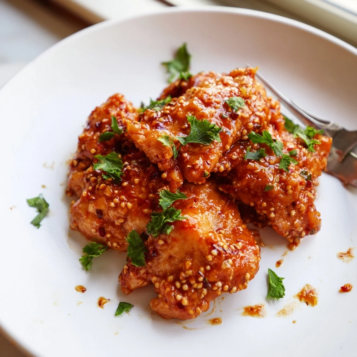 Golden Chicken Diablo breasts glazed in spicy sweet honey mustard Diablo sauce