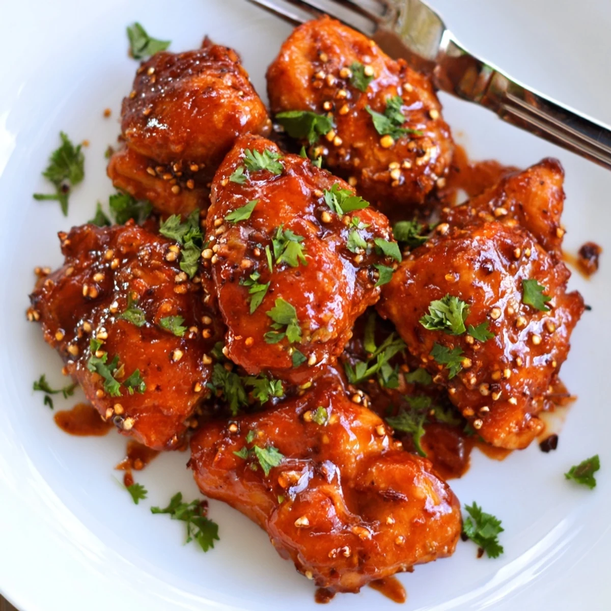 Baked Chicken Diablo pieces coated in zesty red sauce with fresh parsley garnish