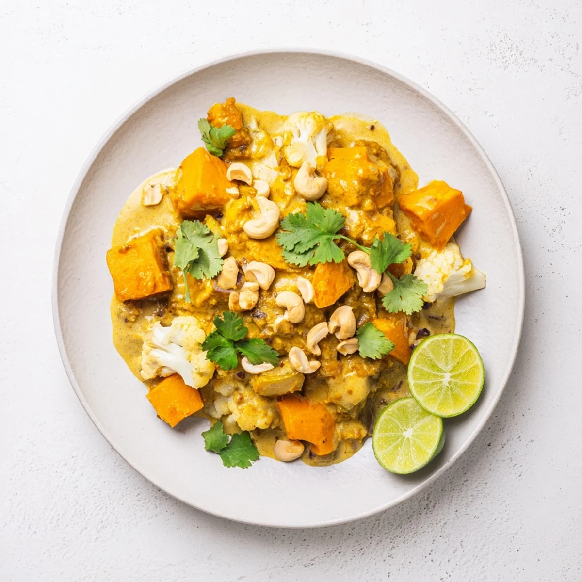 Creamy kumara cauliflower cashew korma curry topped with toasted nuts and fresh cilantro