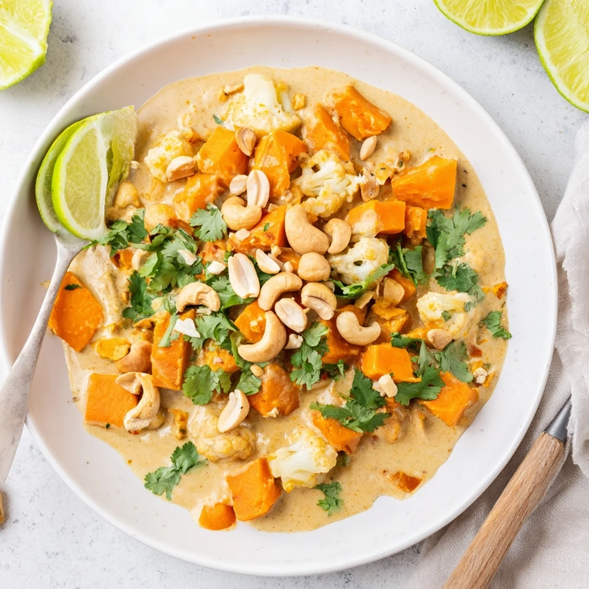 Golden vegetarian curry bowl with sweet potato, cauliflower florets, and fragrant coconut sauce