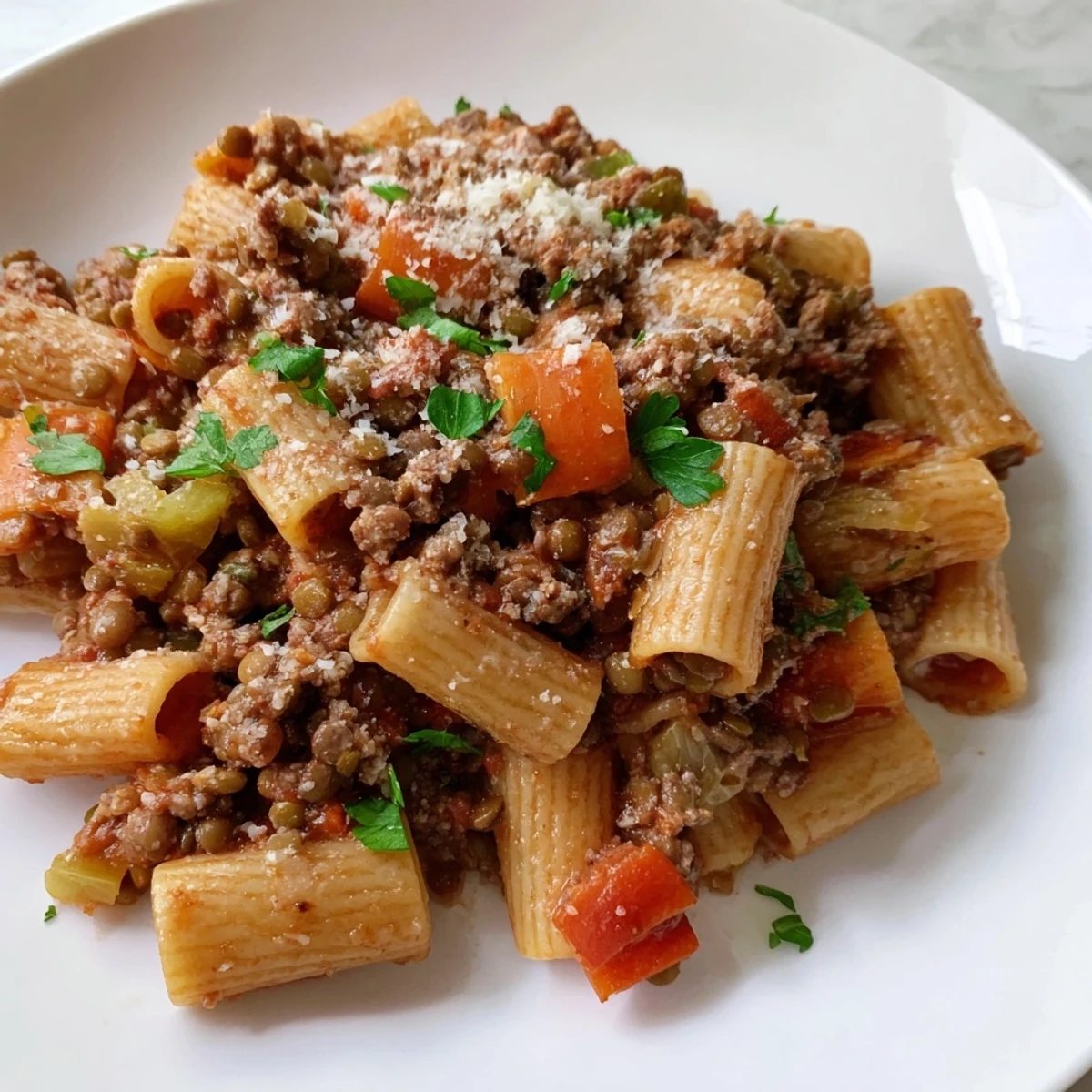 Hearty healthy beef and lentil bolognese sauce piled high over whole wheat pasta with fresh basil garnish