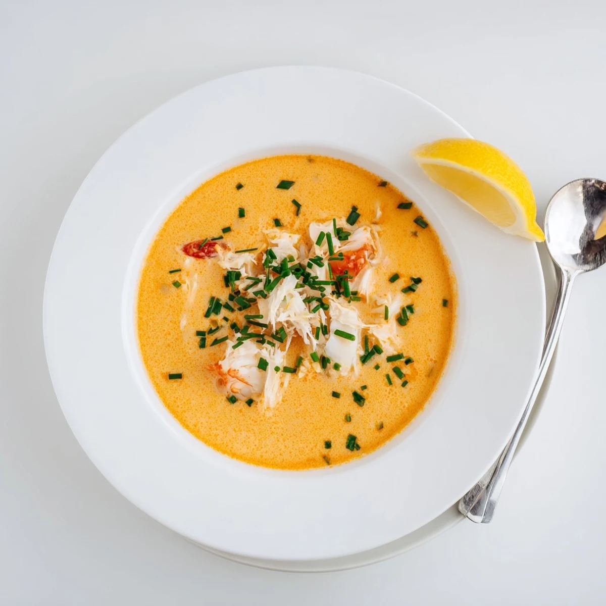 Creamy seafood bisque featuring tender crab and shrimp in a rich, smooth bowl garnished with fresh herbs