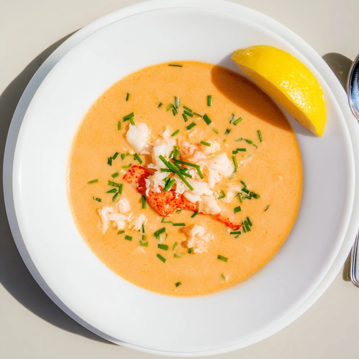 Steaming bowl of luxurious seafood bisque topped with chives, brimming with sweet crab meat and plump shrimp