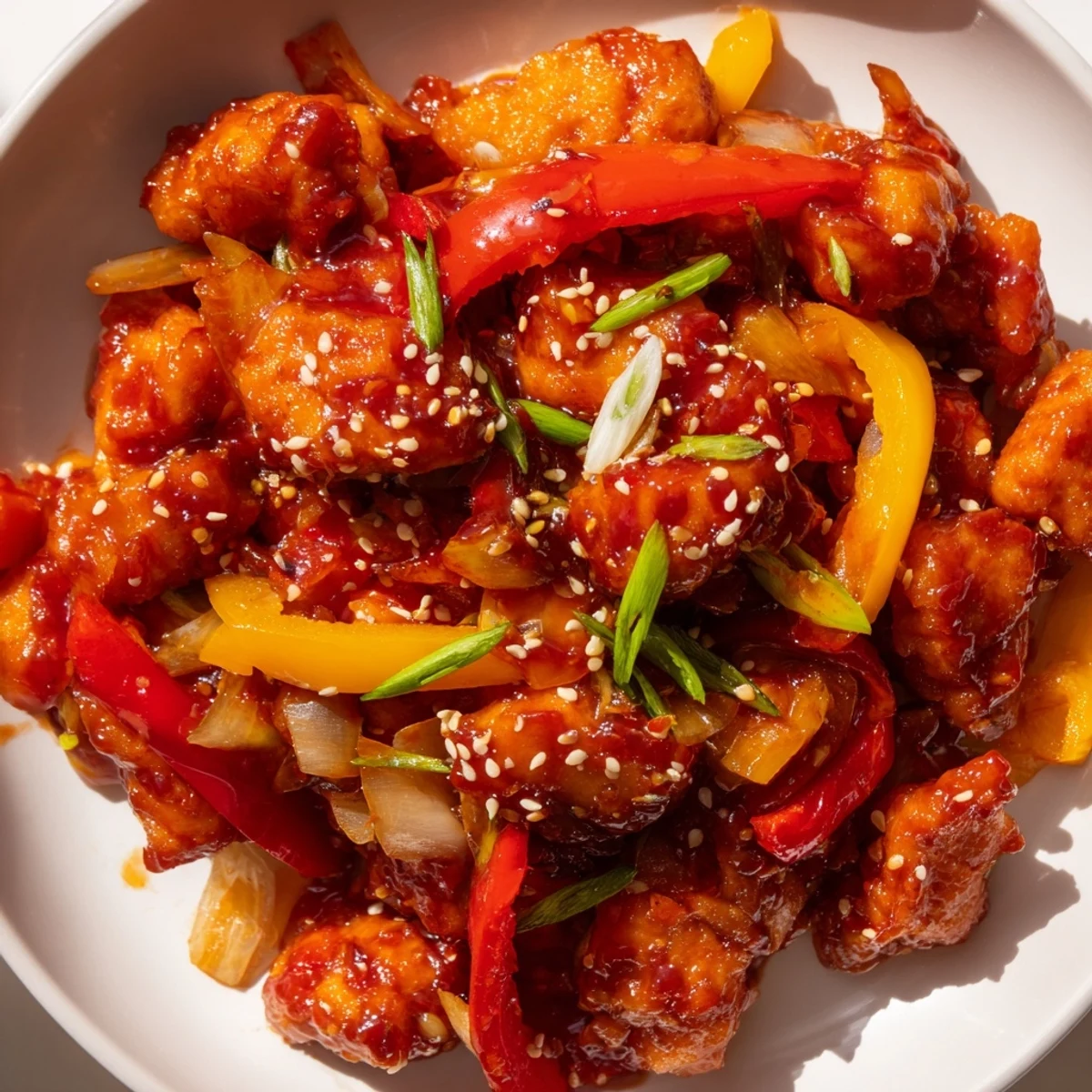 Golden brown spicy dragon chicken glazed in sticky red sauce with colorful bell pepper slices