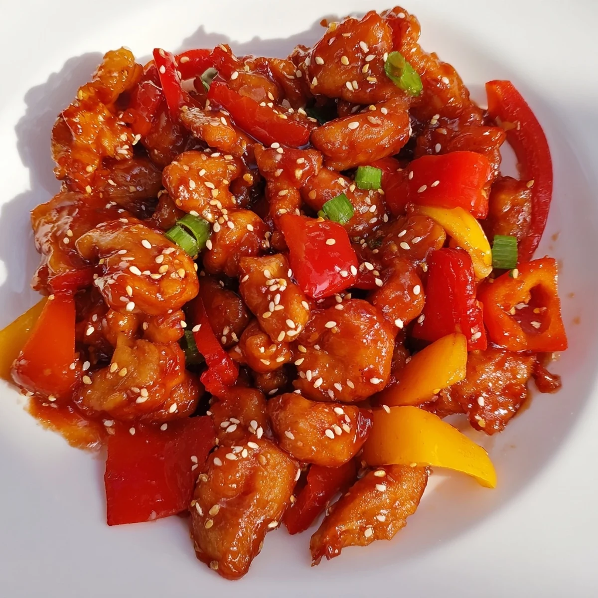 Sizzling spicy dragon chicken wok stir-fried with vibrant peppers and garnished with fresh green onions