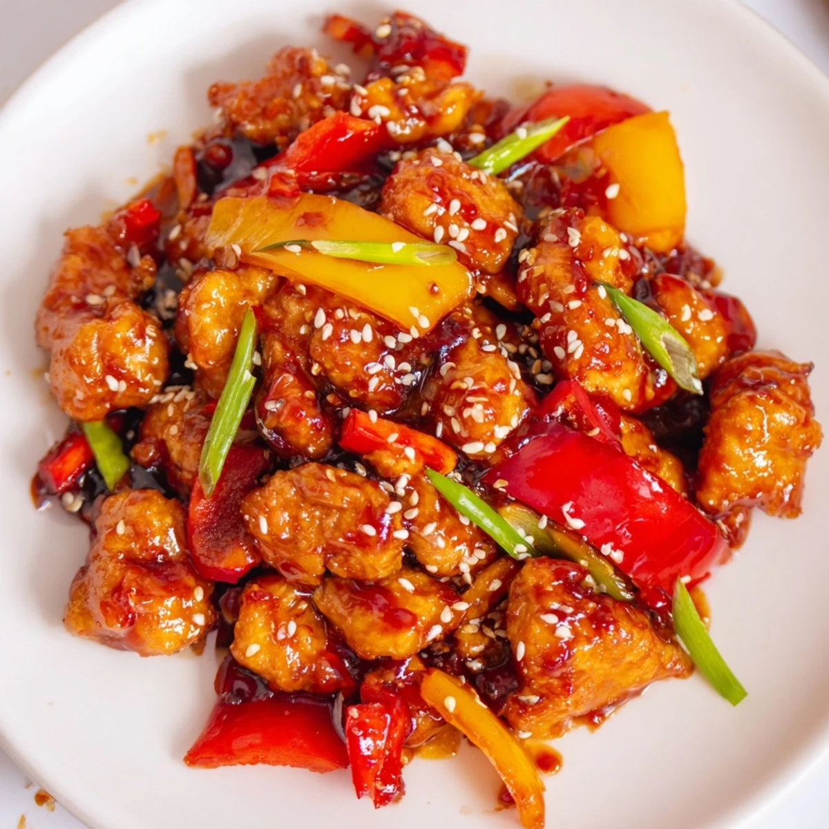 Tender spicy dragon chicken pieces coated in fiery sauce served over steamed white jasmine rice