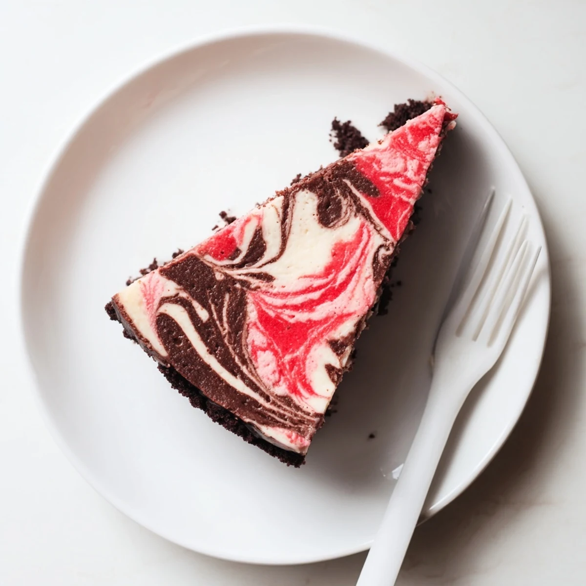 Slice of chocolate strawberry swirl cheesecake showing smooth creamy texture with pretty pink berry swirls throughout