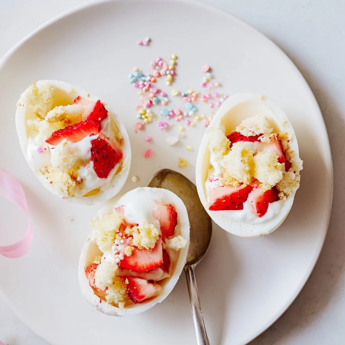 Golden chocolate Easter egg filled with layers of fresh strawberries, whipped cream, and tender shortcake pieces