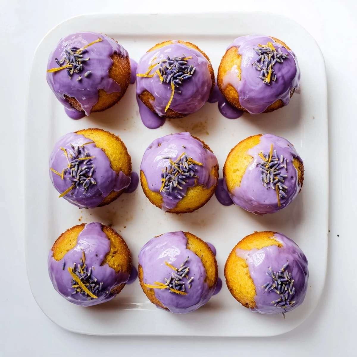 Golden mini lemon cakes drizzled with purple lavender glaze and garnished with fresh zest