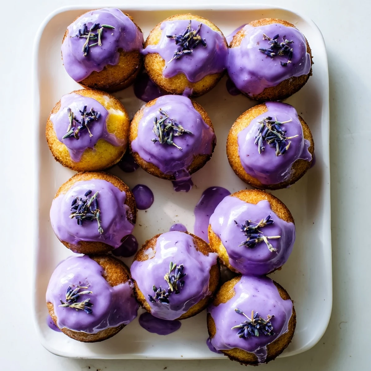 Elegant miniature lemon cakes with sweet lavender glaze on a white serving platter