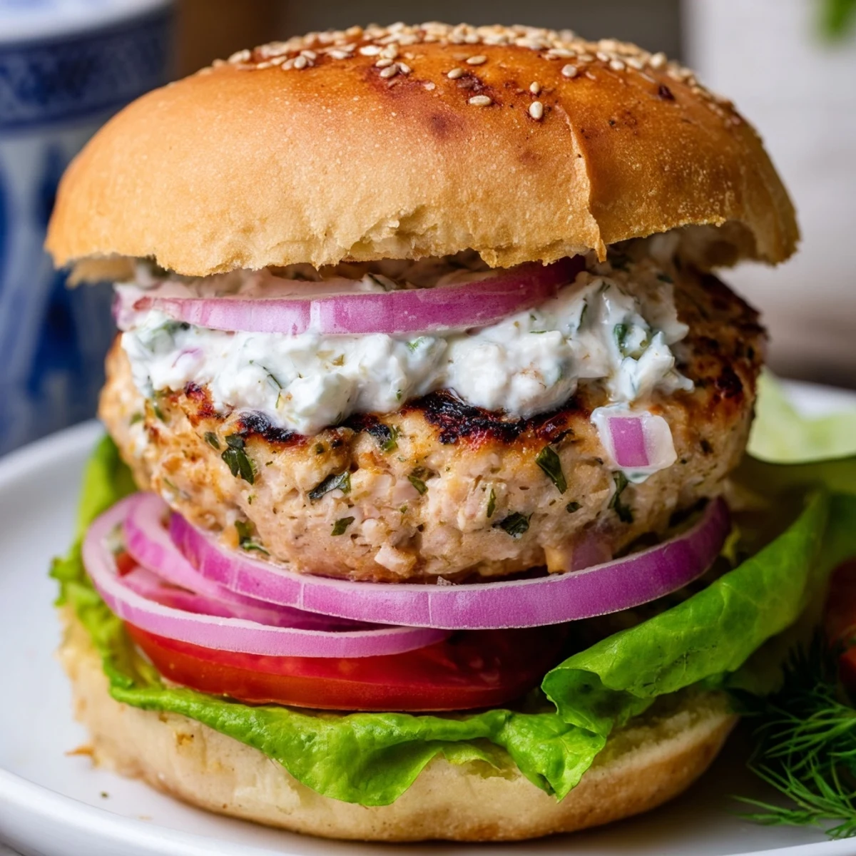 Golden brown Greek chicken burgers topped with fresh tomatoes and creamy tzatziki sauce on toasted buns