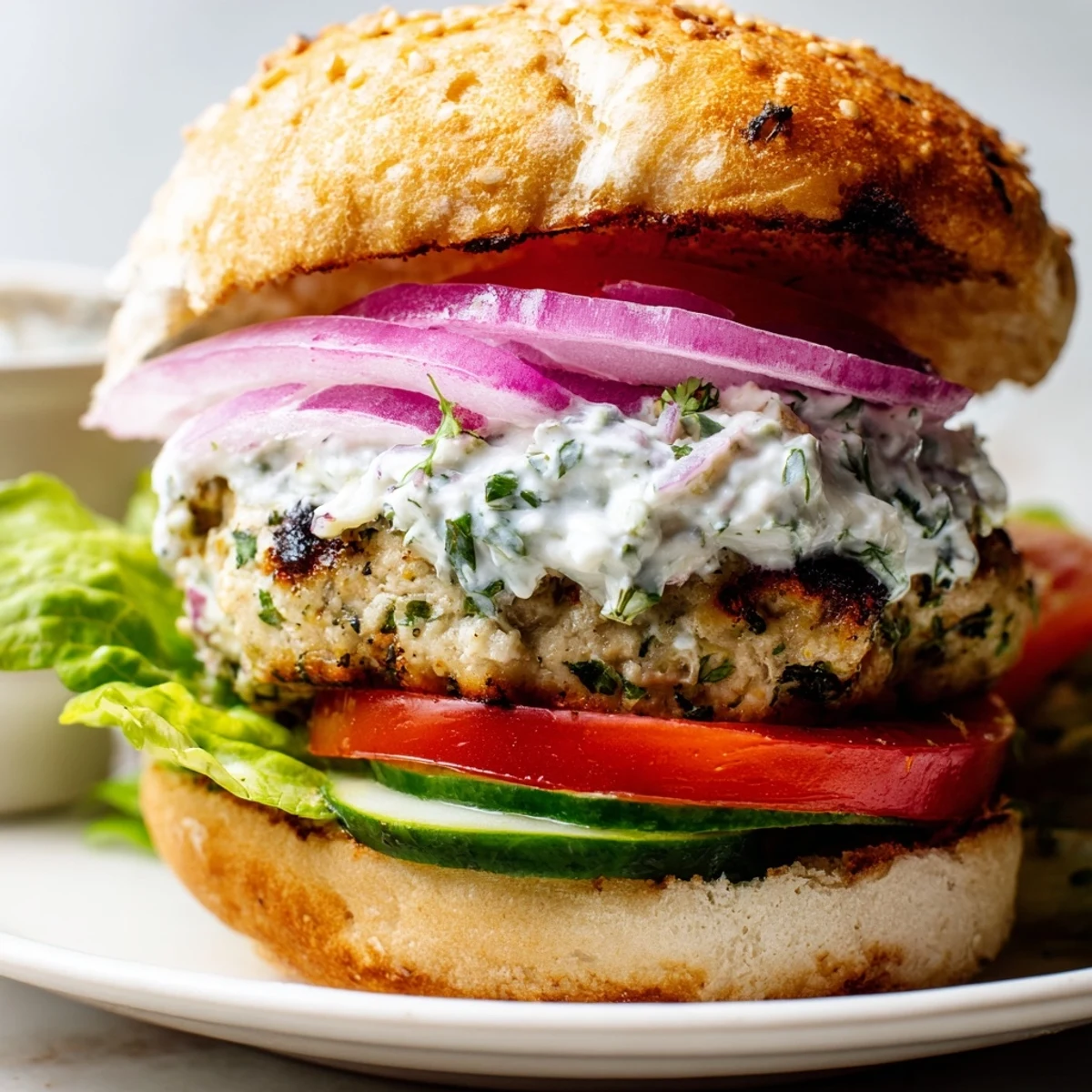 Juicy chicken patties with melted feta and crisp vegetables served with homemade tzatziki on a warm bun