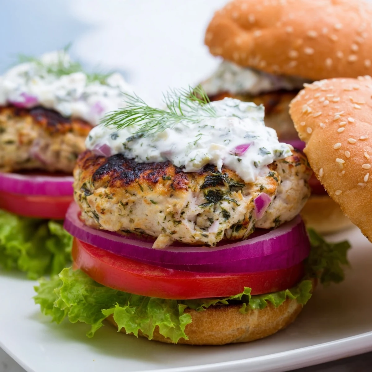Mediterranean style chicken burgers garnished with red onion and cooling yogurt sauce on a toasted sesame bun