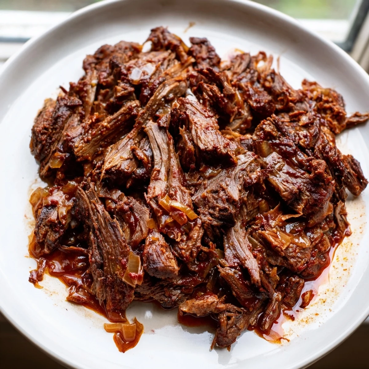 Tender Crock Pot shredded beef piled high with juices, perfect for tacos or sandwiches