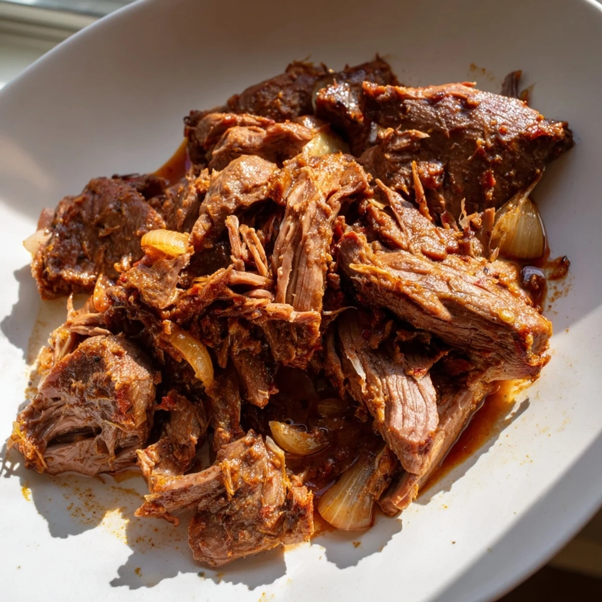 Fork-tender Crock Pot shredded beef glistening with rich broth and seasoning, ideal for meal prep