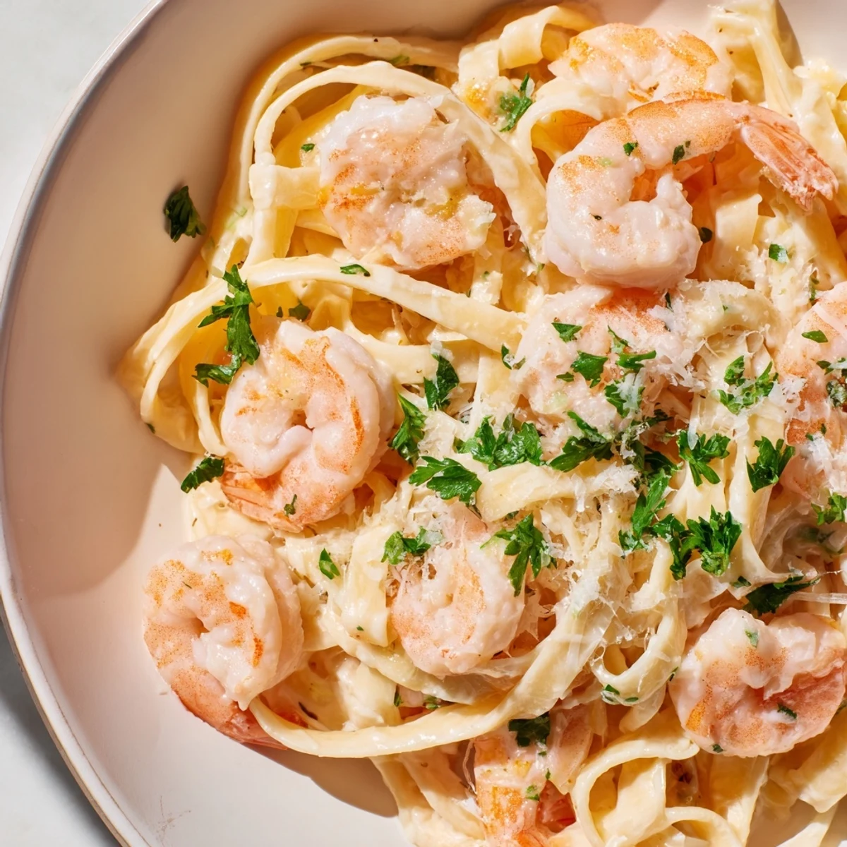 Golden creamy shrimp fettuccine pasta tossed in rich homemade Alfredo sauce with fresh parsley garnish