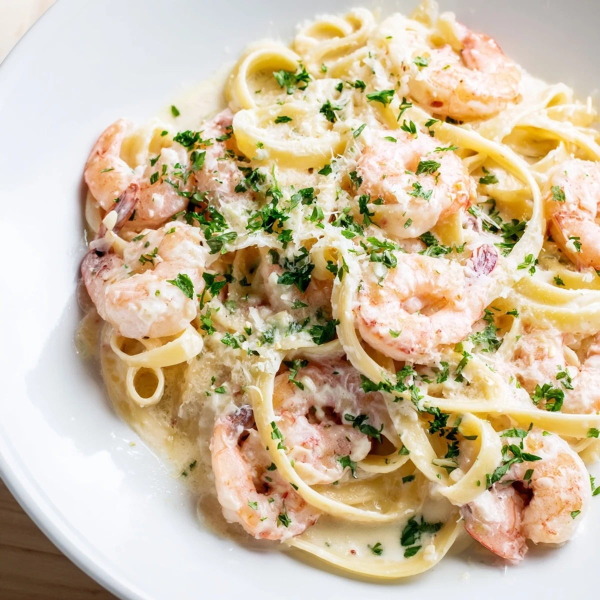 Tender pink shrimp nestled on al dente fettuccine coated in velvety white Parmesan cream sauce